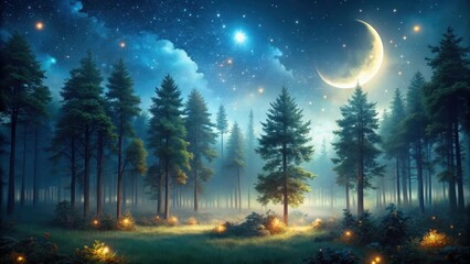 Naklejka premium A serene forest at night with a crescent moon shining through the trees, casting an ethereal glow on the landscape, surrounded by mist and twinkling fireflies, crescent moon, glow
