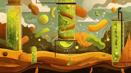 Illustration of microorganism transforming biomass into biofuels like biodiesel or bioethanol bioreactor microbe glowing background feature earthy tone emphasize sustainability clean energy Clean