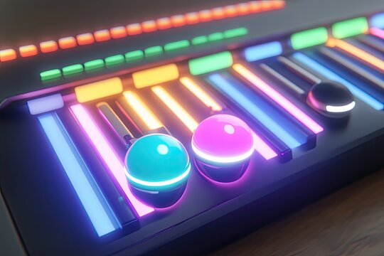 A close-up of a music production console with glowing buttons and knobs