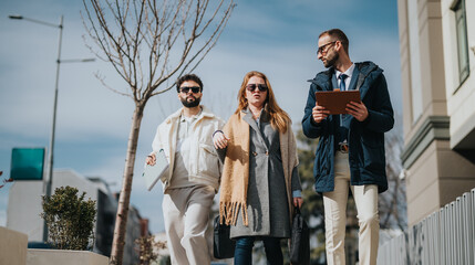 Three stylish individuals walking confidently in an urban environment on a sunny day, discussing plans.