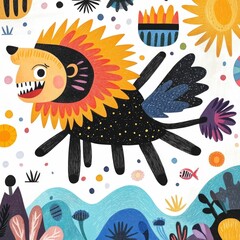 A colorful  fantastical chimeric beast  combining features of a lion  bird  and fish  floating serenely in a surreal landscape of abstract water patterns and vibrant pop art inspired elements