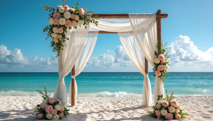 Beautiful beach wedding setup with floral arch and ocean view during sunny day