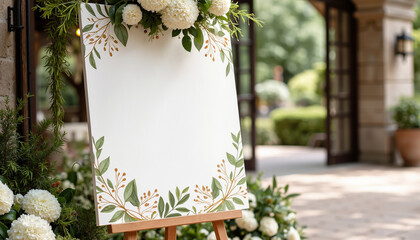 Elegant floral welcome sign at a beautiful outdoor venue set for an event in the afternoon