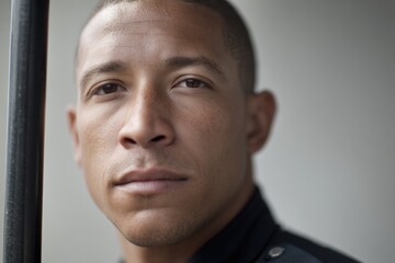 portrait of security guard holding baton neutral expression with blurred background for focus enhancement