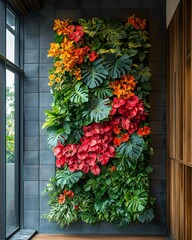 Textured Green Wall with Variegated Foliage