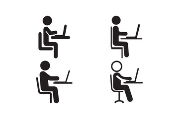 Laptop User Silhouette Icons Set Office Worker, Student, Computer Desk Vector Clipart for Business and Education