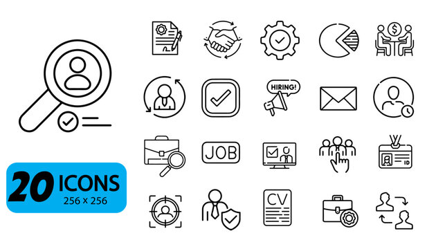 Set of 20 Recruitment and Job Search Icons, Outline Style, 256x256 Pixels