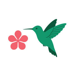 2D flat vector illustration A hummingbird hovering near a flower icon isolated on a white background