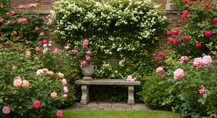 Obraz premium Enchanting Rose Garden Sanctuary with Stone Bench and Brick Wall Background