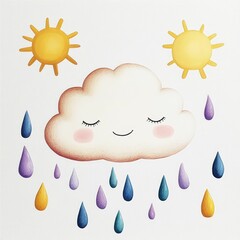 Whimsical and dreamy cloud monster with a soft billowy form gliding through a sky filled with bold colorful raindrops and abstract sun shapes in a pop art style digital