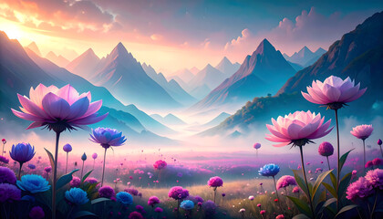A Field of Flowers Under a Pastel Sunset With Mountains in the Background Creating a Dreamy and Ethereal Landscape Suitable for Wallpaper