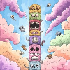 Towering multicolored totem monster with a variety of eclectic animal motifs carved into its body  set against a vibrant  swirling backdrop of psychedelic sky colors in a surreal