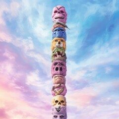 A towering multicolored totem like monster structure featuring various carved animal motifs and patterns set against a backdrop of vibrant swirling sky colors in a surreal pop art style composition
