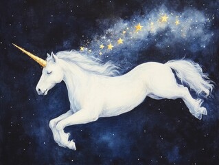 An ethereal unicorn creature with a flowing mane of stars and a sparkling tail drifts gracefully through a dreamlike night sky painted in bold  contrasting colors and shapes