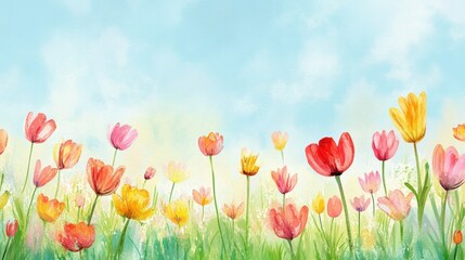 Fototapeta premium Vibrant flower field illustration in pastel colors.