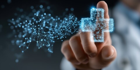 Hand of doctor touching digital glowing medical cross made of blue network lines in futuristic interface perfect for healthcare tech visuals, AI diagnostics and digital medicine ads