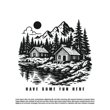 Vintage retro hand drawn wooden cabin house with mountain and lake vector