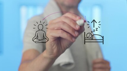 Athlete with a towel around his neck draws a circular arrow connecting a meditating person and a bed, symbolizing the importance of meditation for better sleep