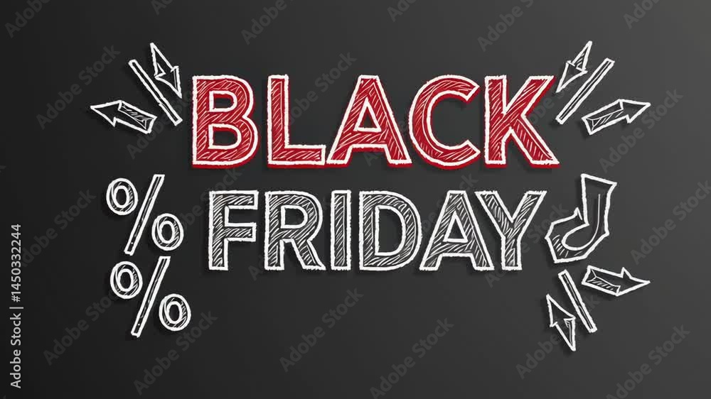 Poster dynamic black friday sale graphics drawing percentage signs and directional arrows across dark chalk