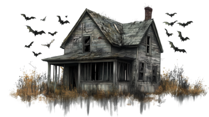 Old, abandoned house with flying bats, cut path, Halloween theme, an abandoned house with bats, an old, abandoned house with bats with flying bats around it, on a transparent backgrounds