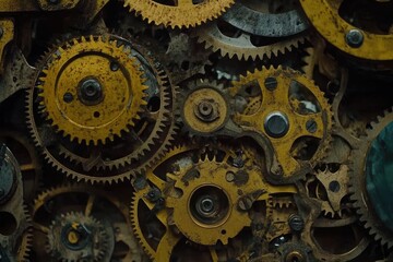 Close-up of intricate, yellow gears in a complex machinery