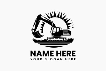 Deer standing on excavator in circular badge, retro vector logo for family-owned excavation businesses  