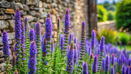 Obraz premium Hyssop blooms in a rustic wooden garden with old stone walls and lush greenery, rustic garden