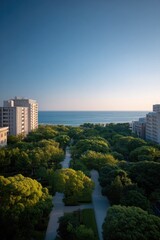 serene cityscape featuring greenery amidst modern architecture highlighted by minimalist design