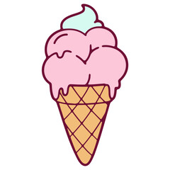 cute pastel pink ice cream cone, whimsical cartoon style, soft fluffy scoop, red cherry on top, vibrant color