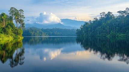 Fototapeta premium Serene lake reflects sunrise in tropical forest