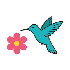 2D flat vector illustration A hummingbird hovering near a flower icon isolated on a white background