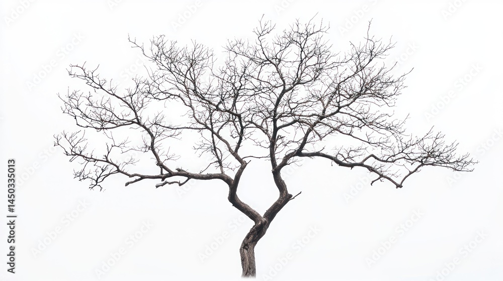 Aufkleber leafless tree with split trunk and twisted limbs on white background.