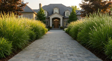 Fototapeta premium Elegant Residence With Lush Landscaping And A Paver Driveway On A Sunny Day