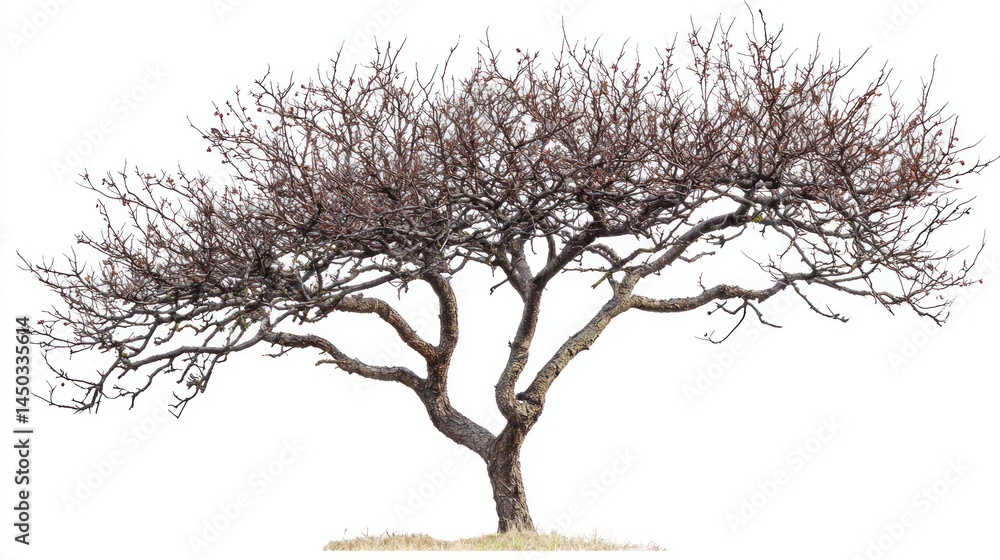 Aufkleber leaning leafless tree with sparse branches and rough bark on white background.