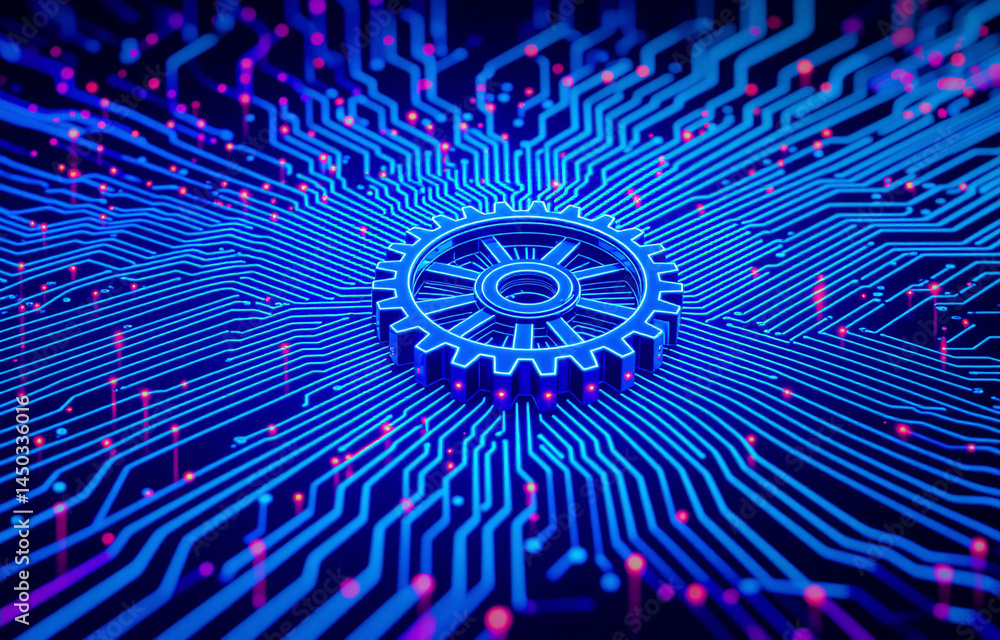 Poster illuminated cogwheel sits on a radiating blue and red digital circuit pattern, symbolizing technolog
