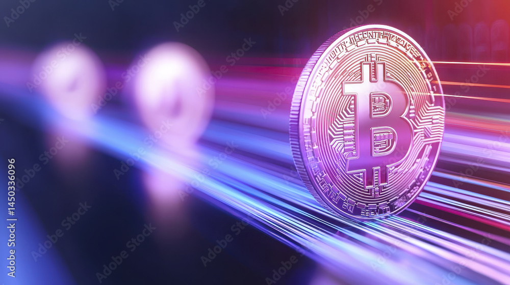 Poster vibrant digital representation of bitcoin coin with motion blur, symbolizing cryptocurrency and tech