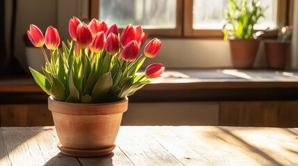 Fototapeta premium Rustic terracotta pot with vibrant tulips in morning light.
