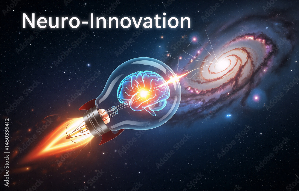 Poster a brain within a rocket-lightbulb journeys through space towards a galaxy, symbolizing the flight of