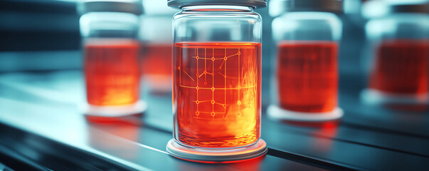 Futuristic laboratory jar with glowing orange liquid and digital interface, advanced science technology concept