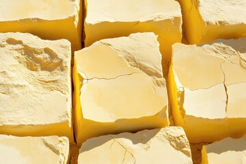 Stacked blocks of pale yellow, mineral material with visible cracks. Close up view