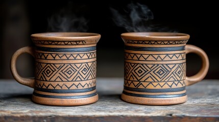 Steaming ceramic mugs artisan workshop photography rustic setting close-up handcrafted beauty