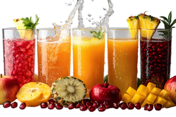 Set of juices pouring into glasses from tall bottles isolated on a transparent background PNG