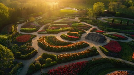 A breathtaking aerial view of a meticulously designed garden.