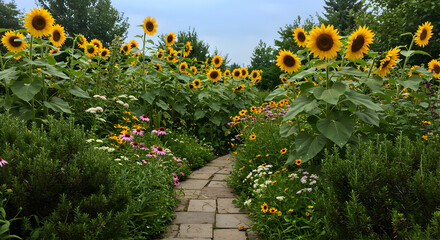 Tranquil Garden Path Adorned With Vibrant Sunflowers And Colorful Flora