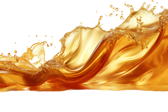 Golden yellow wave of splashing juice or oil isolated on a transparent background png