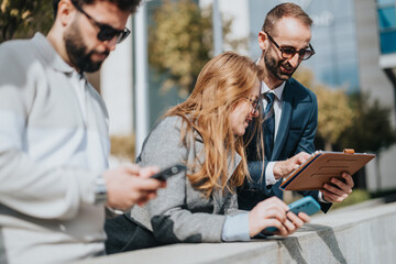 Three business people sharing ideas using electronic devices while standing outside in bright...