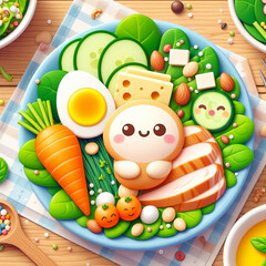 Obraz premium Cartoon Healthy Bowl with steamed Chicken and boiled egg on Wooden Table