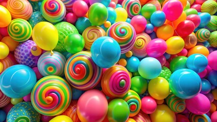 A vibrant and playful collection of colorful spheres, including smooth, solid balls and swirling, patterned spheres, creating a mesmerizing visual feast.
