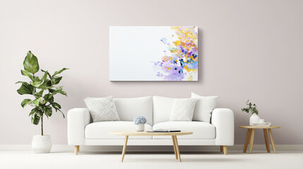 Modern living room featuring white sofa adorned with decorative pillows, stylish coffee table, and vibrant abstract painting wall. space