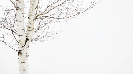 Lonely leafless birch tree with smooth white bark on white background.